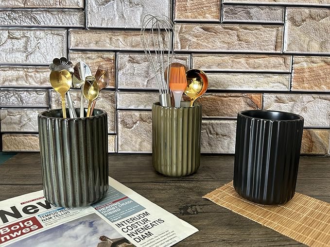 Stoneware Coffee Bar Utensil Holder Tea & Coffee Spoon & Stirrer Holder for Stir Stick Straw Teaspoon Holder Spoon Cup Small Utensil Jar Fluted Vertical Stripe (Retro Green)