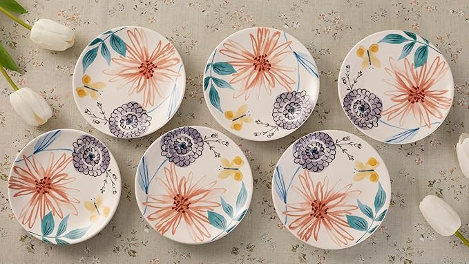 Bico Blossom Symphony Appetizer Plates Set of 6, 6 Inch Small Ceramic Dessert Plates for Snacks, Salad, Tablescape, Microwave and Dishwasher Safe, Gift for Housewarming and Thanksgiving