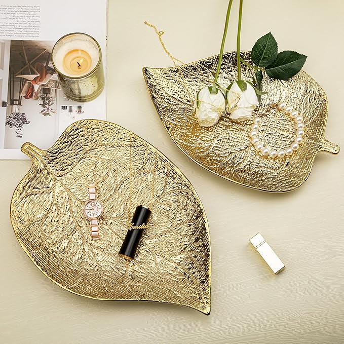 Oversized Leaf-Shaped Ceramic Jewelry Tray Set of 2, Extra Large Decorative Tray Gold Vanity Trays for Rings, Necklaces, Keys, Gifts for Mom, Coffee Table Decor, Entryway Table Trays