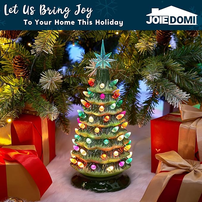 JOIEDOMI 15" Ceramic Christmas Tree, Table Top Christmas Tree with Star Topper, Vintage Pre-lit Xmas Decor with Multicolored LED Lights, Hand-Painted Xmas Decorations Indoor Home Office