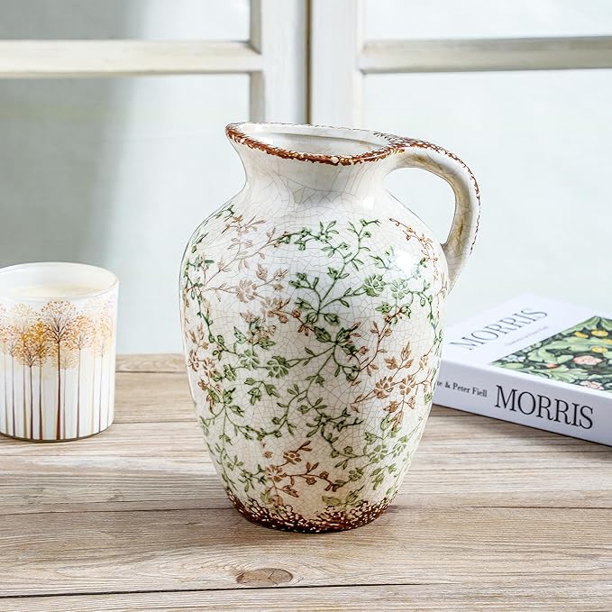 Enra Vintage Pitcher,Ceramic Chinoiserie Floral Vase,Green and Beige Decorative Flower vase,Large Rustic Vases for Home Decors, Living Room, Bookshelf, Office，9.7 inch
