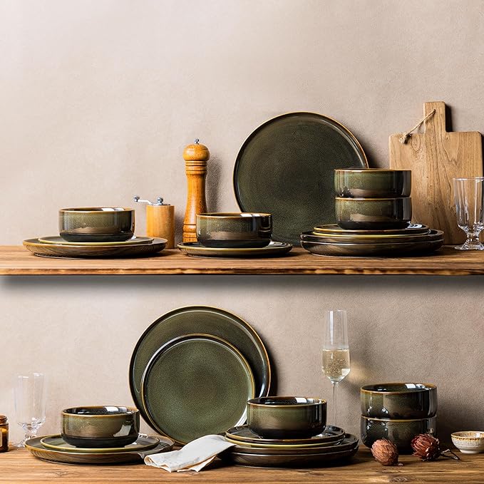 TheTerra Ceramic Dinnerware Sets for 4, 12 Pieces Handmade Reactive Glaze Plates and Bowls Set, Scratch Resistant Dish Set, Oven & Microwave & Dishwasher Safe, Olive Green
