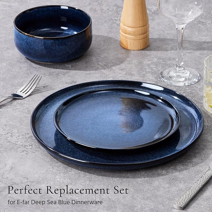 E-far 8” Ceramic Salad Plates Set of 6, Reactive Glaze Stoneware Dishes, Round Dessert Plate for Home Kitchen Restaurant, Microwave & Dishwasher Safe – Deep Sea Blue