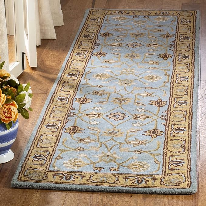SAFAVIEH Heritage Collection Runner Rug - 2'3" x 20', Blue & Gold, Handmade Traditional Oriental Wool, Ideal for High Traffic Areas in Living Room, Bedroom (HG958A)