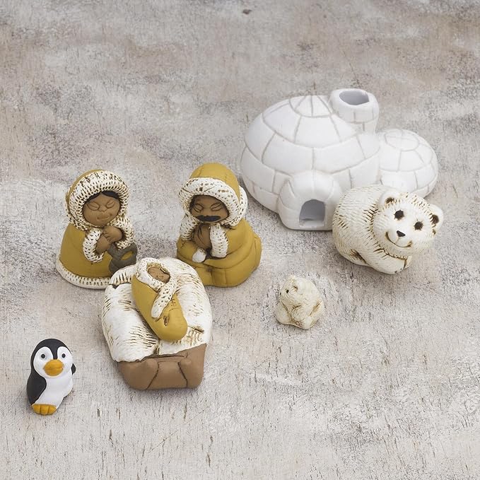 NOVICA Artisan Handmade Ceramic Nativity Scene Inuitthemed from Peru 8 Pcs White Brown Multicolor Sculpture Cultural Animal Christian Religious Bear [largest Piece 2in H x 3.7in W x 2in D Smallest Pi]