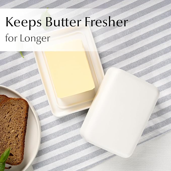 MIAMIO - Ceramic Butter Dish with Lid for Countertop, Holds 2 Sticks of Butter/Butter Holder and Container with Ceramic Lid, Butter Dish for Refrigerator (White)