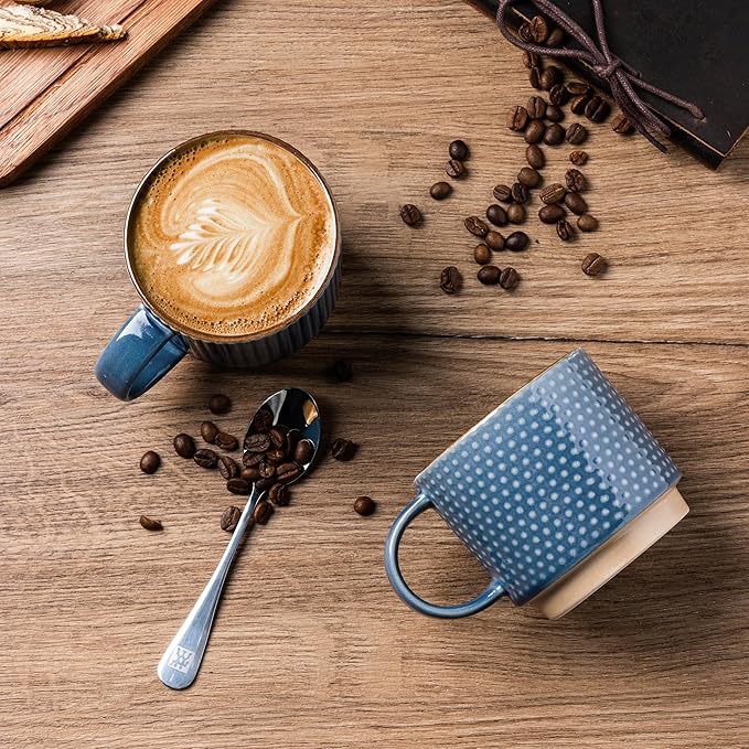 GBhome 15OZ Stackable Coffee Mugs, Ceramic Coffee Cups with Texture Patterns for Man,Woman,Dad,Mom, Modern Mugs Set of 4 for Latte/Cappuccino/Cocoa. Dishwasher&Microwave Safe, Blue