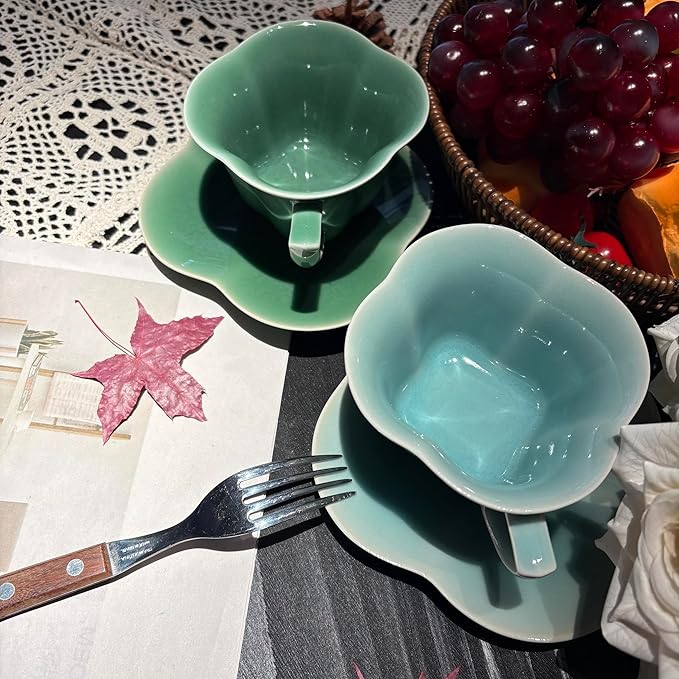 Ceramic Lotus Flower Cup and Saucer Set, Glazed Finish, Tea Cup with Matching Saucer, Green and Teal (Sage green glaze)