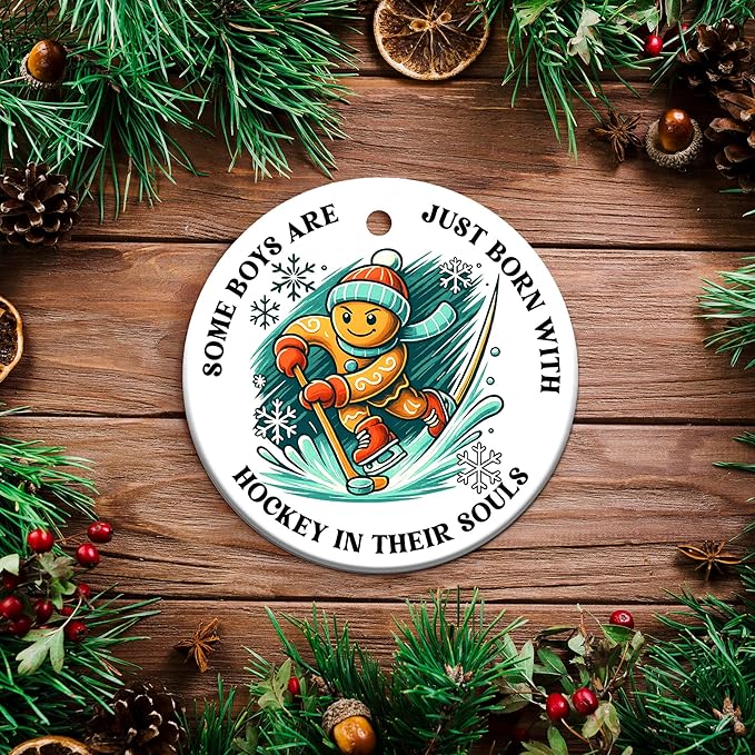 Ice Hockey Christmas Ornament -Round Ceramic 3", Holiday Tree Decoration Keepsake, Hockey Player for Boys
