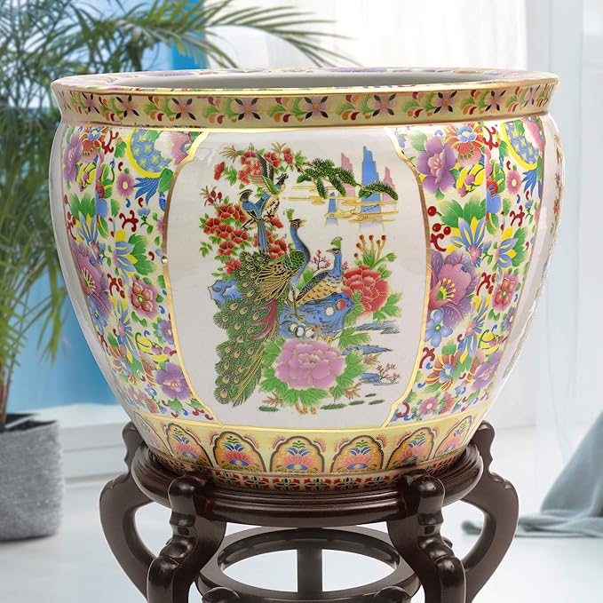 Red Lantern 16" Satsuma Birds & Flowers Porcelain Fishbowl