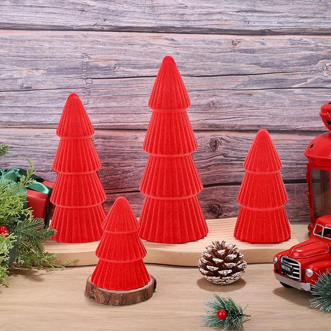 Aneco 4 Pack Velvet Ceramic Christmas Tree Christmas Indoor Decorations Modern Cone Xmas Tabletop Decor for Home Entryway Table Mantel Centerpiece Winter Holiday Party Supplies, Red