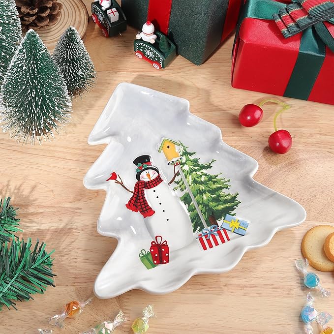 Joeyan Christmas Ceramic Dinner Plates,8.3" Xmas Tree Shaped Serving Plate Dishes with Festive Holiday Snowman Patterns,Dinnerware for Dessert Salad Appetizer,Microwave and Dishwasher Safe
