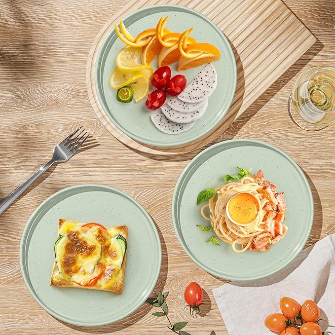 Herogo 6 Piece 7.9 Inch Dinner Plates Set, Small Salad Dessert Plate Set, Microwave Safe Stoneware Dinnerware for Serving, Oven & Dishwasher Safe, Speckled Light Green