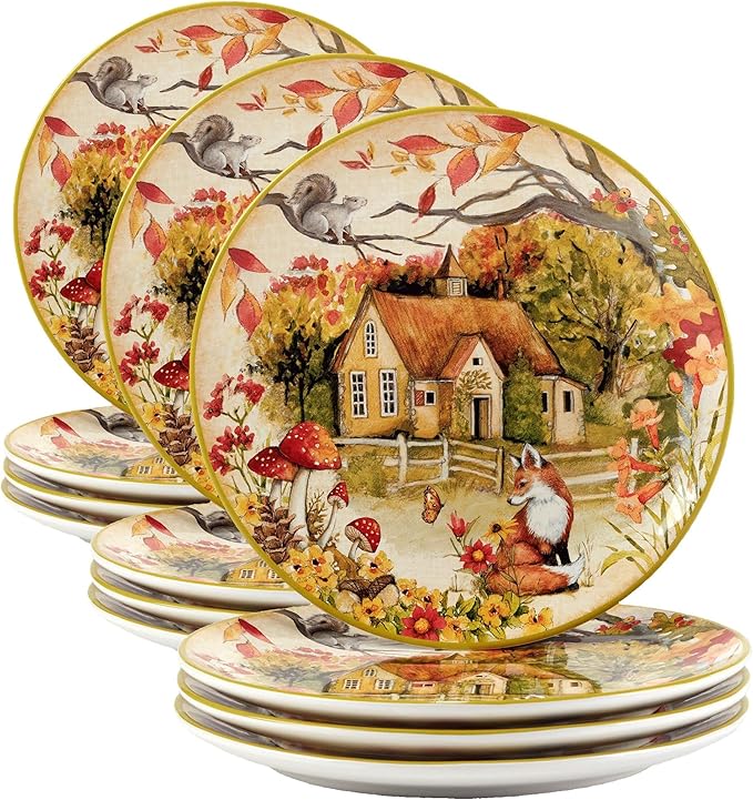 Woodland Critters 11" Ceramic Dinner Plates Set of 4 Whimsical Forest Animal and Cottage Scene – Nature-Inspired Tableware for Fall, Kids Parties, Holiday Meals, Gifting, and Rustic Décor (Pack of 3)