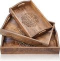Ajuny Set of 3 Handmade Floral Design Wooden Tray with Handles (15.7x11, 13.7x9.9, 11.4x8 Inch) Inches Hand Carved Serving Platter for Snacks Coffee & Tea Decorative Tray for Home & Kitchen Gift