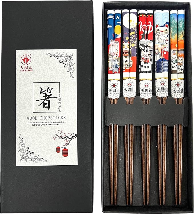 Wooden Chopsticks Reusable 5 Pairs Lucky Cat Design Gift Set Hand-made Japanese style 8.8 Inch/22.5cm