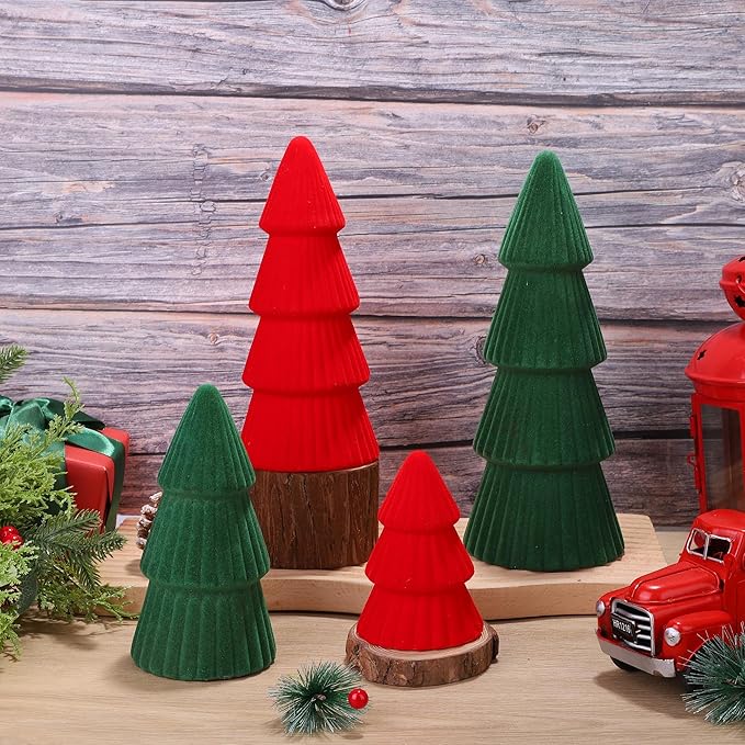 Aneco 4 Pack Velvet Ceramic Christmas Tree Christmas Indoor Decorations Modern Cone Xmas Tabletop Decor for Home Entryway Table Mantel Centerpiece Winter Holiday Party Supplies, Green, Red