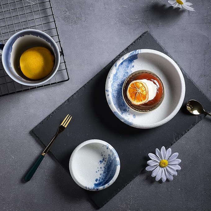 Uaral Salad Plate Stone Plates Appetizer Plates Portion Plate Japanese Serving Dishes Set of 4, 5.5 inch(Blue Stone Texture)