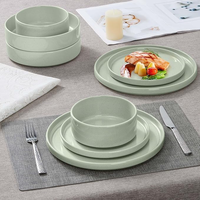 Herogo 6 Piece 7.9 Inch Dinner Plates Set, Small Salad Dessert Plate Set, Microwave Safe Stoneware Dinnerware for Serving, Oven & Dishwasher Safe, Speckled Light Green