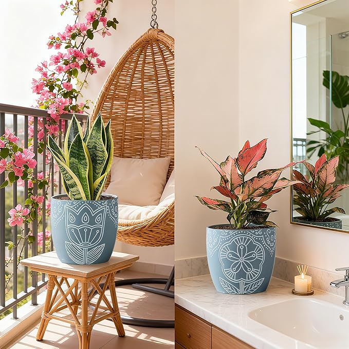 Terracotta Plant Pots,6.5+5+4.4 Inch Plant Pots Indoor with Drainage Hole- Floral Pattern,Blue Ceramic Planters for Indoor Plants,Boho decorative Flower Pots for Succulents,Herbs Plants,Set of 3