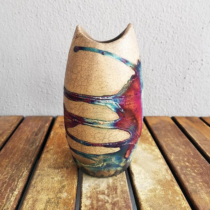 Koi 6.3 inch Handmade Ceramic Raku Vase - Modern Boho Rainbow Wall Art Handmade Home Decor Unique Minimalist - Half Copper Matte
