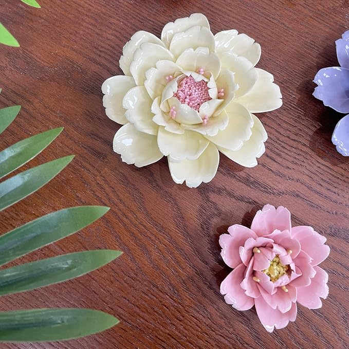 CEUYGT Handmade Ceramic Wall Flower Decor - Peony Home Wall Art, Perfect for Living Room, Bedroom, or Office Decoration (Yellow 01, Small)