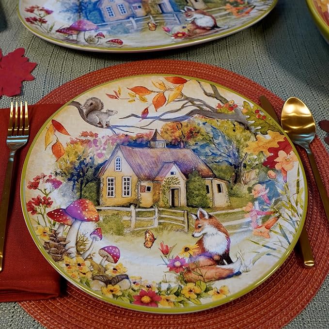 Woodland Critters 11" Ceramic Dinner Plates Set of 4 Whimsical Forest Animal and Cottage Scene – Nature-Inspired Tableware for Fall, Kids Parties, Holiday Meals, Gifting, and Rustic Décor (Pack of 3)