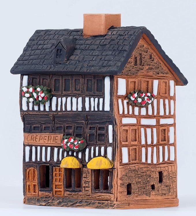 Ceramic Houses and Villages Collection - Collectible Handmade House Miniature of Creperie in Mont St. Michel, France - Cone Incense Holder R325