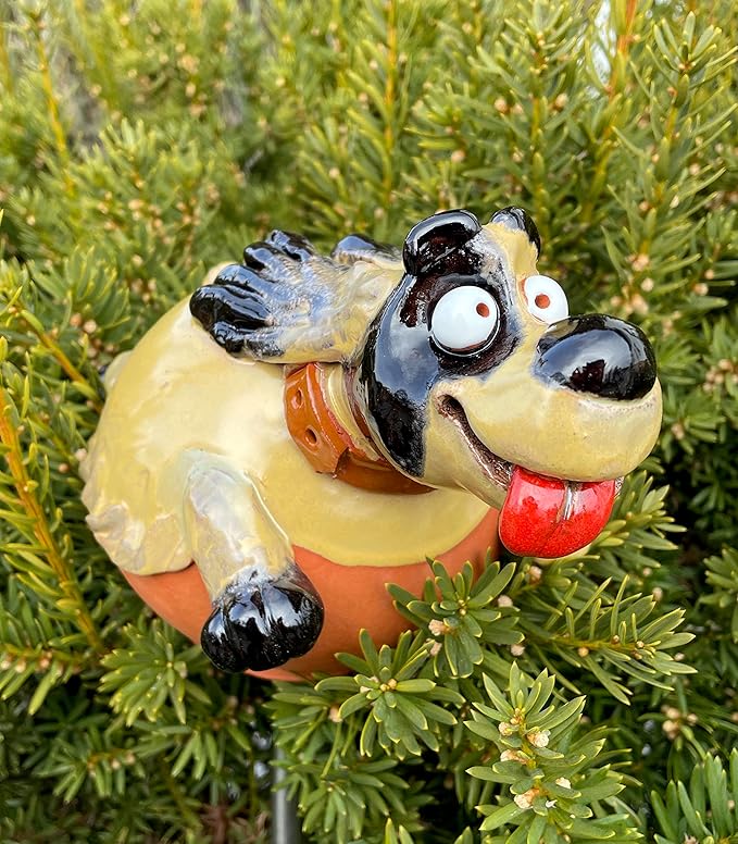 Ceramic Garden Dog Decor Lucky Dog Garden Stake Frostproof Handmade Hand Painted Lawn Stake Ceramic Garden Ball