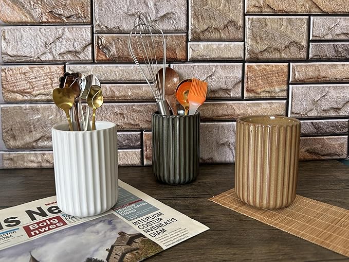 Stoneware Coffee Bar Utensil Holder Tea & Coffee Spoon & Stirrer Holder for Stir Stick Straw Teaspoon Holder Spoon Cup Small Utensil Jar Fluted Vertical Stripe (Pure White)