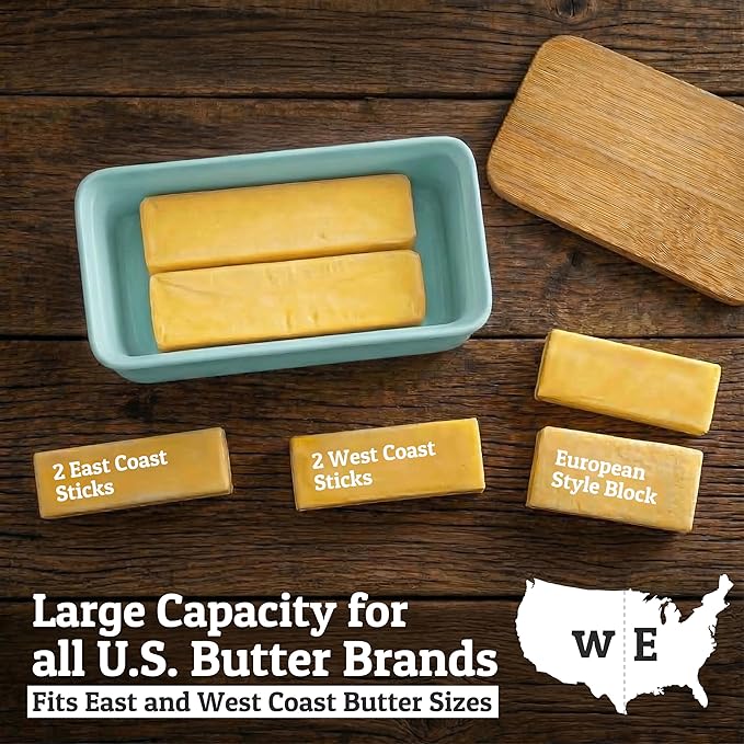 PriorityChef Extra Large Butter Dish with Lid for Countertop, Ceramic Butter Container With Airtight Cover, Butter Keeper for Counter or Fridge, Butter Holder Storage, Cool Green