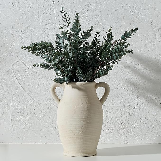 Emotionally Grounded Vase, Vaseking Large Ceramic Rustic Vase with 2 Handles, 9.8 inch Minimalist Decorative Farmhouse Tall Vases for Home Decor, Living Room, Enterway, Table Decoration, Off White
