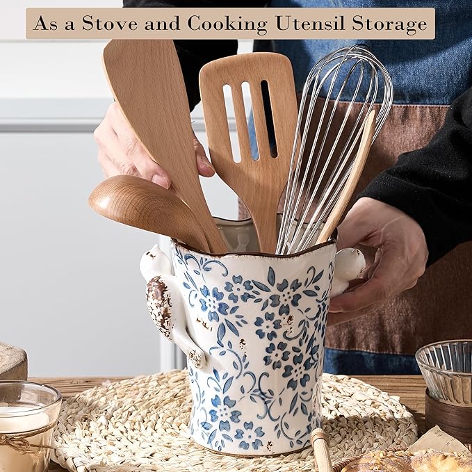 6.34“H Utensil Holder for Kitchen Counter, Modern Farmhouse Cooking Utensil Holder and Crock Home Kitchen Decor, Ceramic Utensil Organizer for Spatula, Ladle, Eggbeater, Rolling Pin- Blue and White