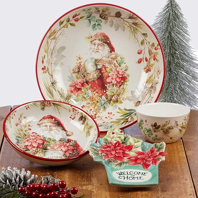 Christmas Story 16pc Dinnerware Set – Service for 4 with Santa Plates, Bowls & Mugs – Vintage Holiday Ceramic Set Featuring Festive Art, Red Accents & Seasonal Charm