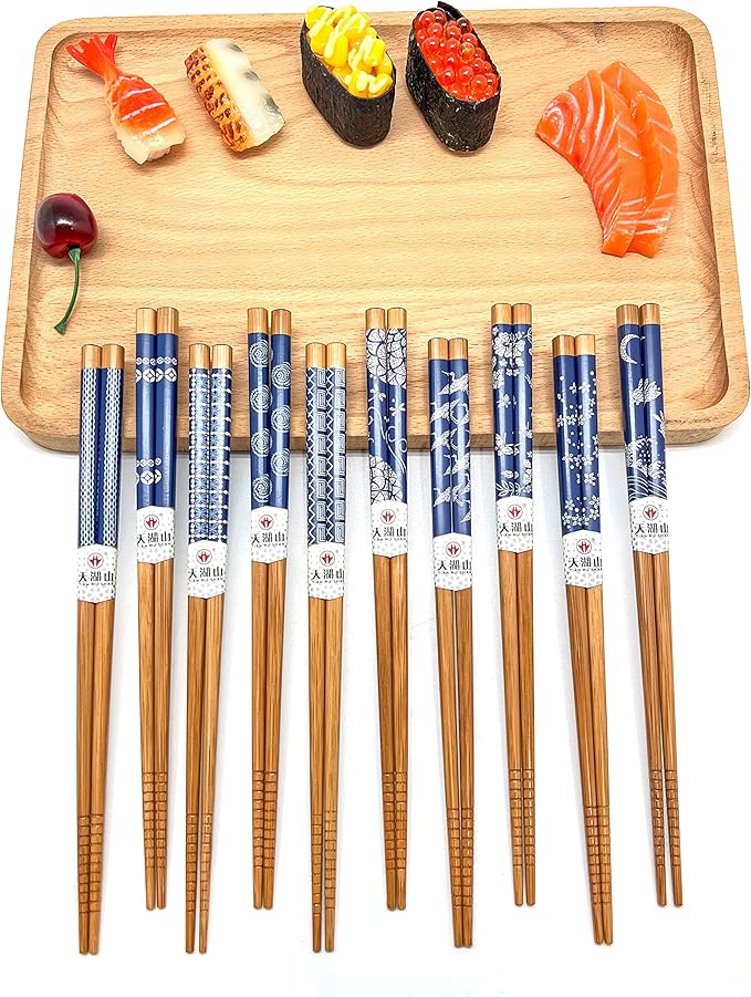10 Pairs Reusable Bamboo Chopsticks, Blue White Pattern Natural Bamboo Wood Chopsticks, 8.8Inch/22.5cm Polybag packing by LANHUTHS