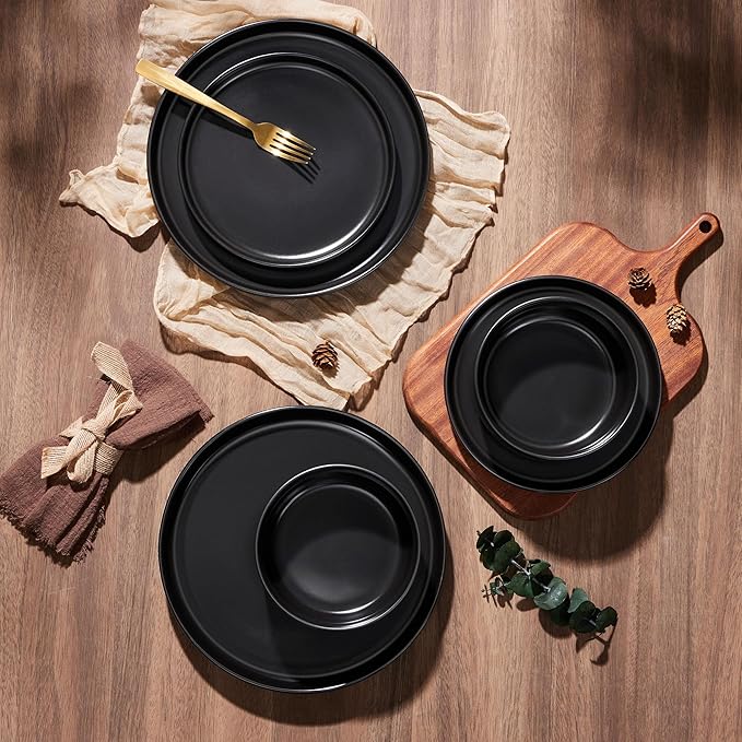 E-far 8” Ceramic Salad Plates Set of 6, Stoneware Dishes Dessert Plate for Home Kitchen Restaurant, Microwave & Dishwasher Safe – Matte Black