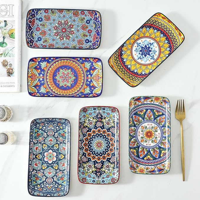 glowworm Porcelain Appetizer Plates Set of 6, 8.5 Inch Salad Plates for Sushi, Dessert, Rectangular Serving Platters, Serving Tray for Party, Kitchen, Microwave & Oven Safe, Bohemian