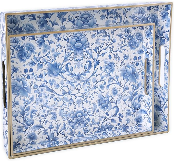 Serving Tray with Handles, 2 Pack Rectangular Plastic Tray 15.75x11.81 Inch, Blue and White Peony Chinese Porcelain Style Decorative Tray for Kitchen, Dining Table, Vanity, Office & Home