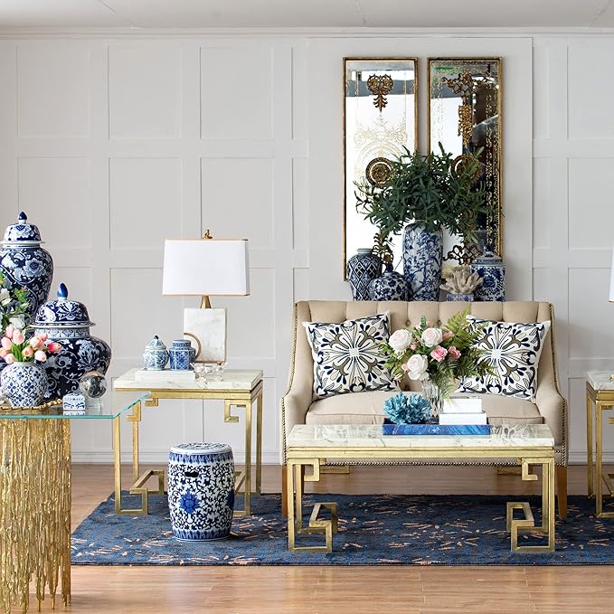 A&B Home 5" Decorative Porcelain Jars Set of 3 Glazed Hand Painted Blue White Ceramic Vase with Lid Centerpiece Ginger Jar Asian Décor