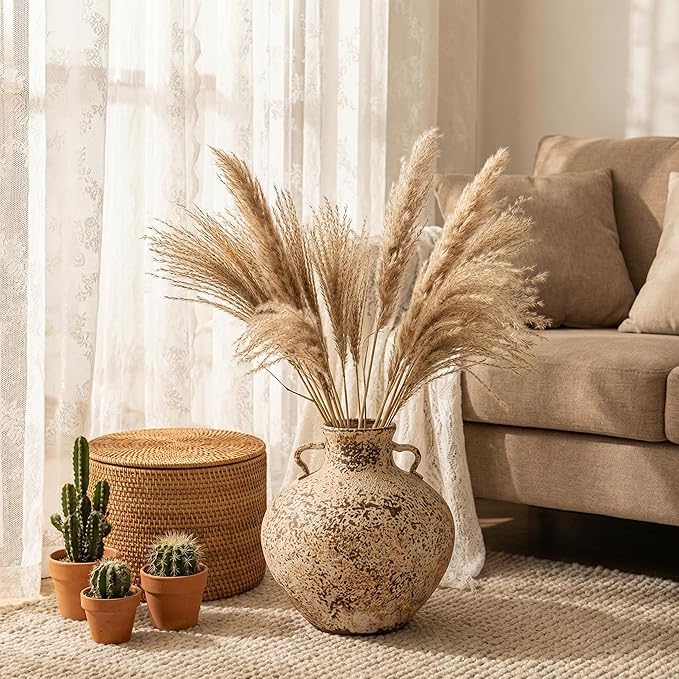 Ceramic Rustic Farmhouse Vase,Extra Large Terra Cotta Vase, Huge Pottery Decorative Flower Vases for Living Room Entryway Table Centerpiece Decor(11.8'' X 11.8'' x 11.8'')