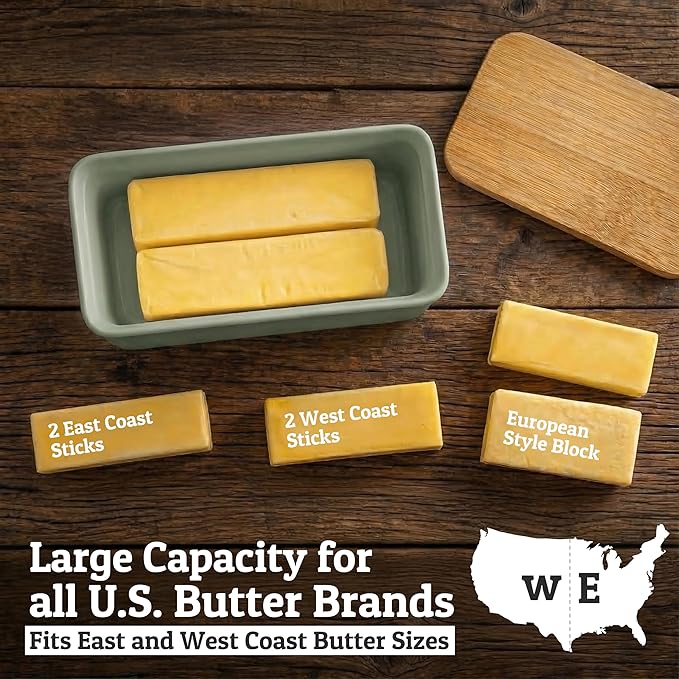 PriorityChef Extra Large Butter Dish with Lid for Countertop, Ceramic Butter Container With Airtight Cover, Butter Keeper for Counter or Fridge, Butter Holder Storage, Sage Green