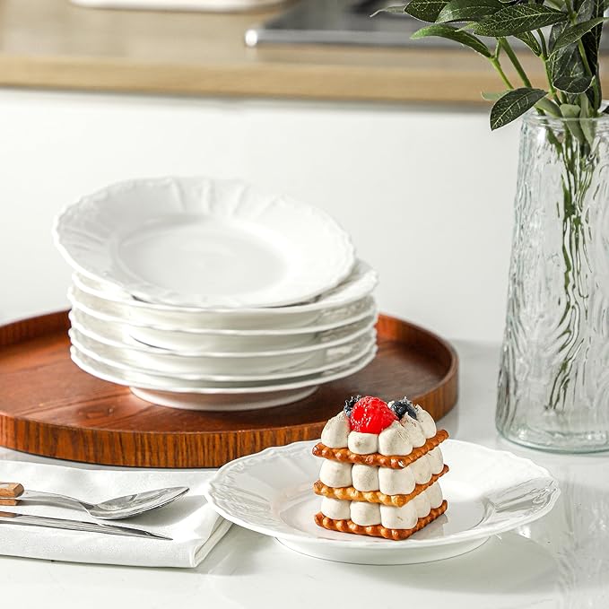 8 Pack Ceramic Dessert Plates Appetizer, 7.5 inch Small Round Dinner Plates, Embossed White Plates Salad Plate for Pancakes, Snacks Side Dish