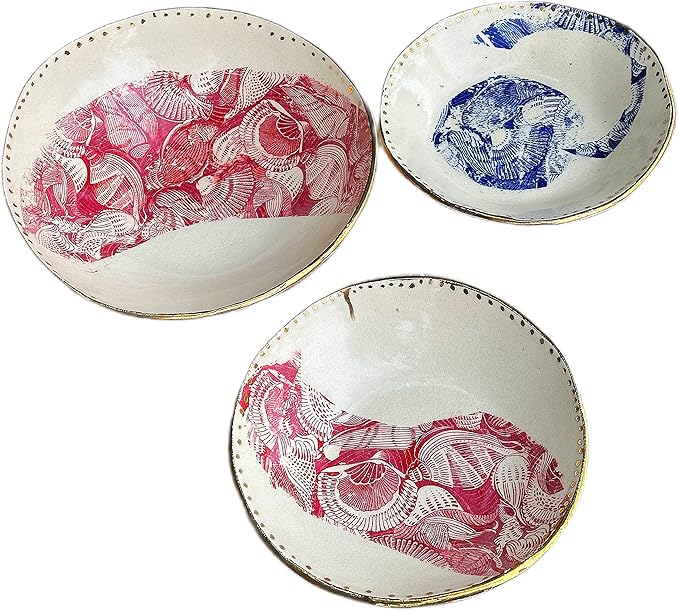 Red Gold and Blue Pasta or Salad Bowl Set for Two with Seashell Design, Handmade Dinnerware, Artisan Tableware, Gifts for Couples, Newlyweds, Housewarming