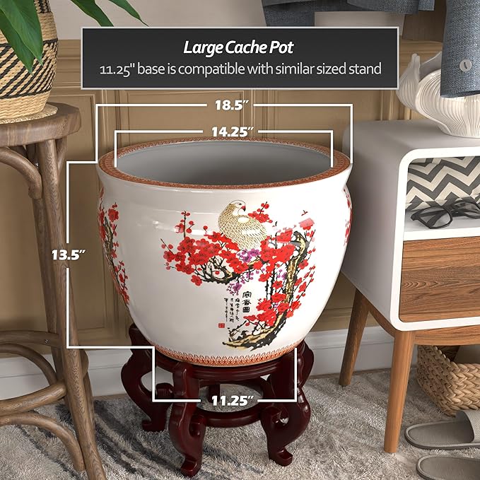 Red Lantern Large 18" Porcelain Fishbowl Cherry Blossom Planter