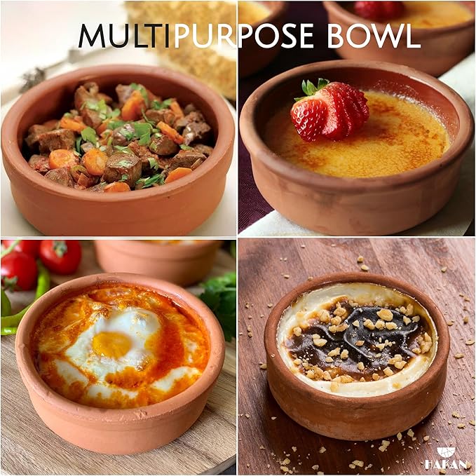 Hakan Hitit Clay Bowl Set of 6, Terracotta 4.5-inch Bowls, 8.5 Oz Glazed Inside Ancient Pottery, Cooking Clay Bowls in Box, Turkish Clay Yogurt Pots, Earthenware for Mexican Dishes, 6 Pcs, 250 cc