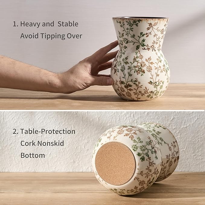 JIEMEI HOME Kitchen Utensil Holder for Countertop, 7.56" Ceramic Large Rustic Utensil Crock, Farmhouse Cooking Tool Organizer, Spatula Holder For Kitchen Decor, Green and Brown Floral