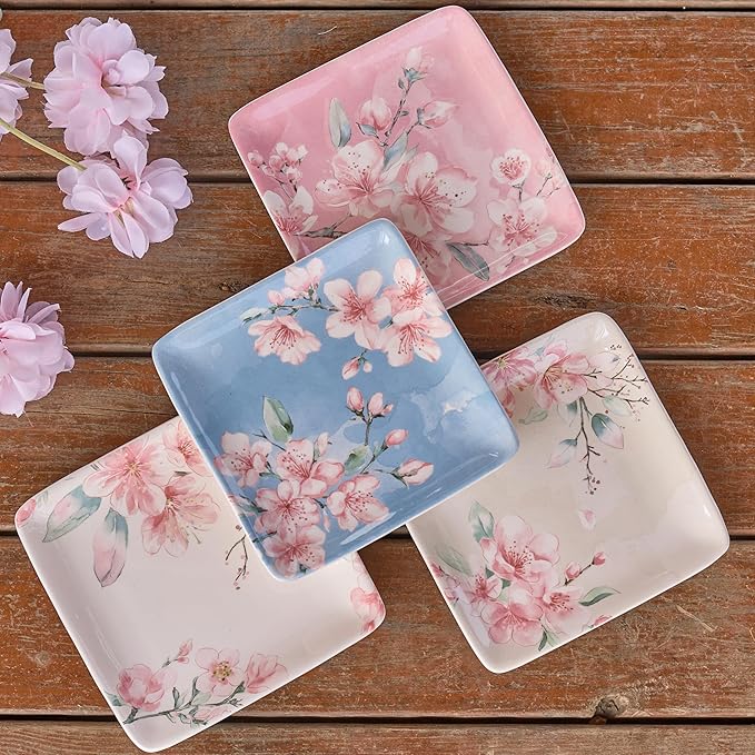 Bico Spring Sakura 6 inch Ceramic Square Appetizer Plates Set, Set of 4, Microwave & Dishwasher Safe, for Salad, Tapas