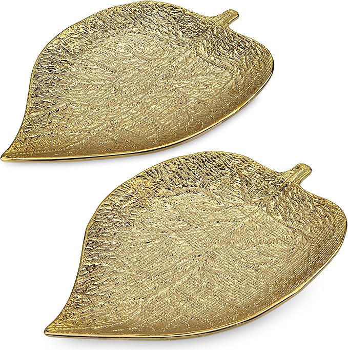 Oversized Leaf-Shaped Ceramic Jewelry Tray Set of 2, Extra Large Decorative Tray Gold Vanity Trays for Rings, Necklaces, Keys, Gifts for Mom, Coffee Table Decor, Entryway Table Trays