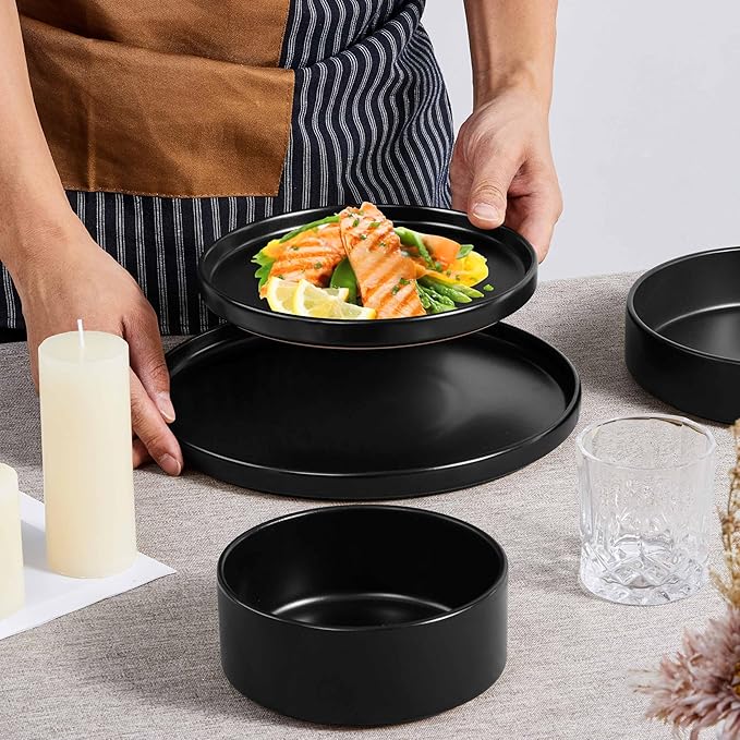 Herogo 7.9 Inch Dinner Plates Set of 6, Small Stoneware Dessert Plate Set, Microwave Safe Ceramic Dinnerware for Home Serving, Oven & Dishwasher Safe, Matte Black