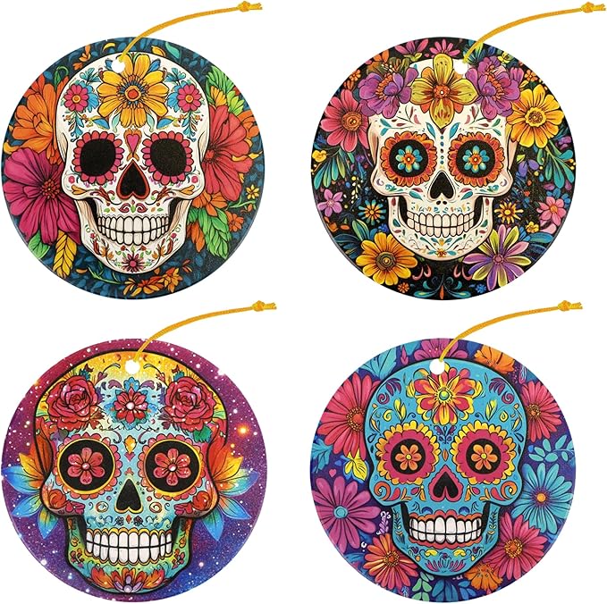 Floral Skull Christmas Ornaments Set of 4,Ceramic Skulls Ornaments for Christmas Tree,Keepsake Ornament Holiday Decoration, Round, Gift Exchange for Home